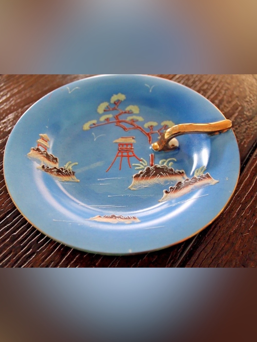 Beautifully Detailed Japanese Hand Painted Nappy Lemon Plate Landscape Scene